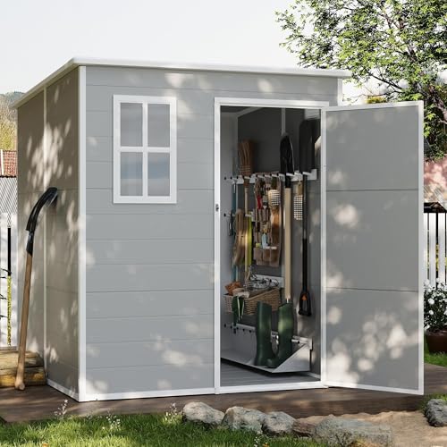 Gray White 6 x 6 FT Resin Outdoor Storage Shed with Floor F93440