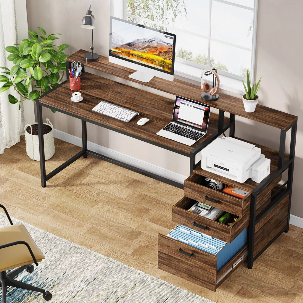63" Ergonomic Computer Desk with Monitor Stand and Drawers, Rustic Brown Y6314