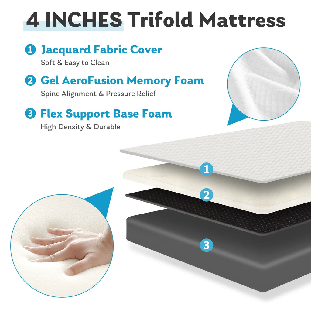 4 Inch Tri Folding Memory Foam Mattress with Breathable Cover O6508