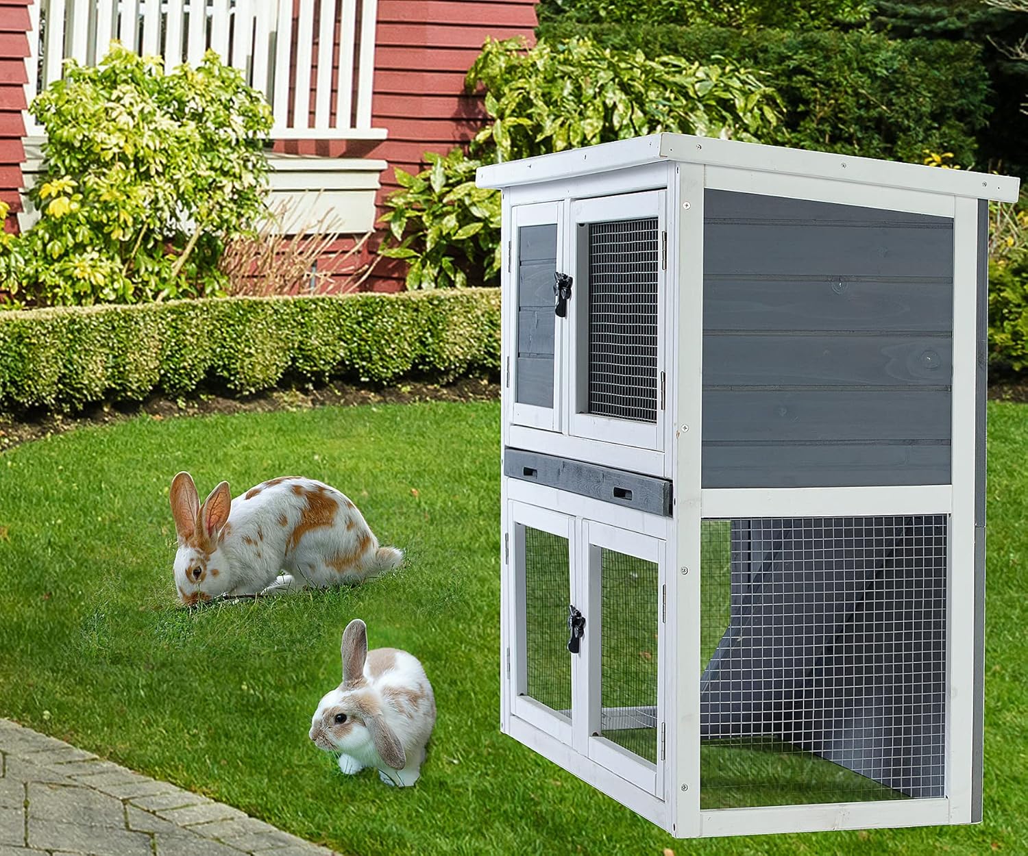 Two Floors Wooden Rabbit Hutch Outdoor with Ramp Removable Tray and Weatherproof Roof J99971