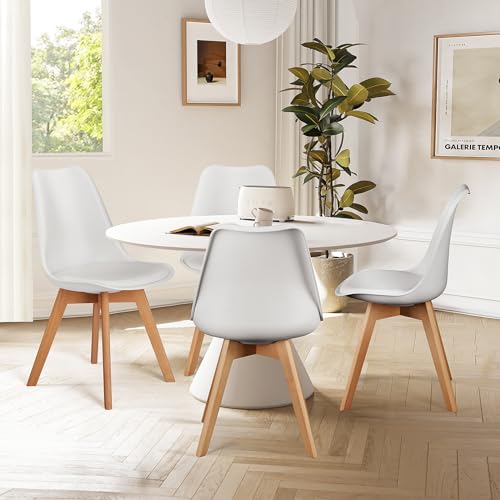 White PU Leather Dining Chairs Set of 4 with Wood Legs J266902