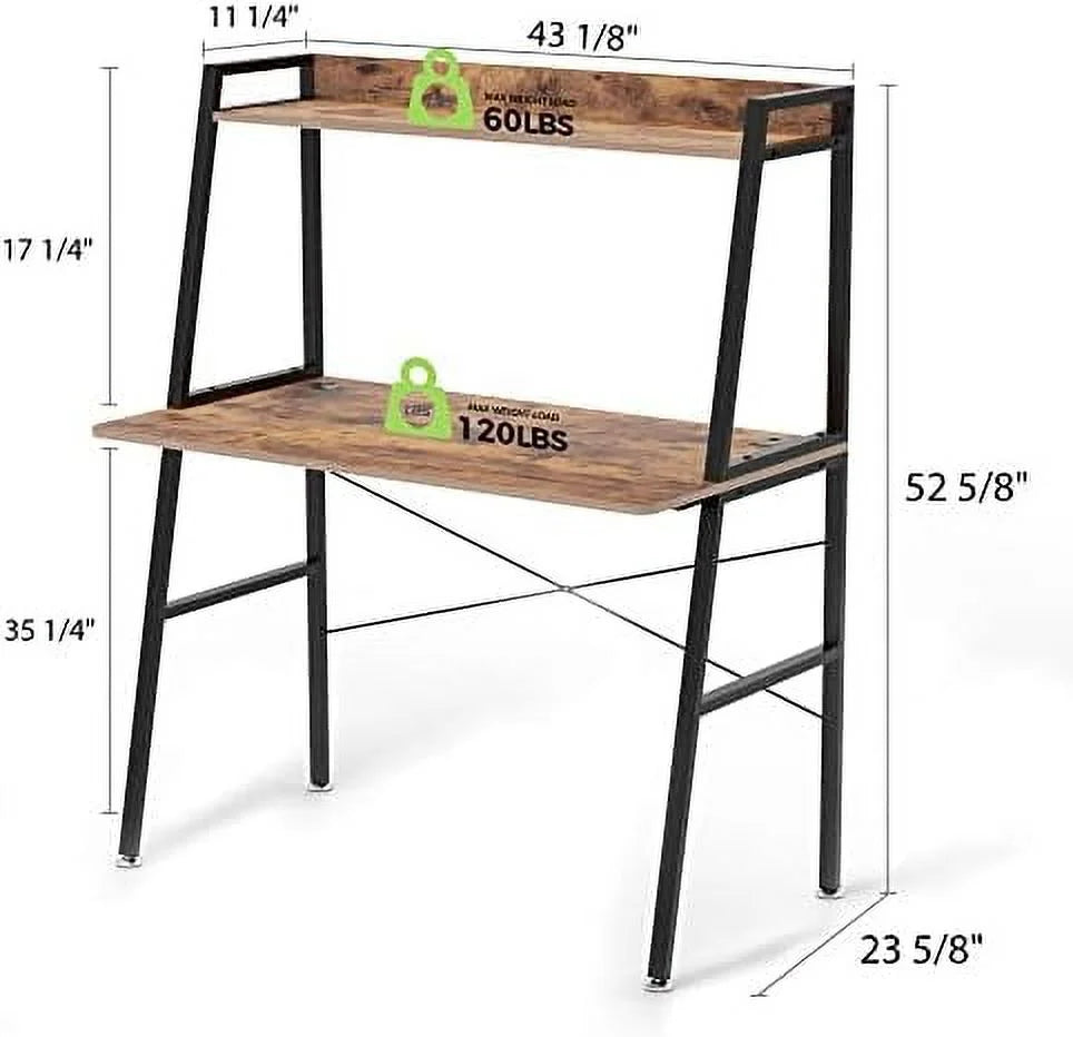 Rustic Brown 43 Inch 2-Tier Computer Desk with Shelves Metal Frame G42234