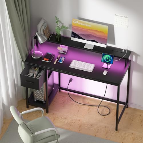 Black Gaming Desk with LED Lights and Drawer C8511
