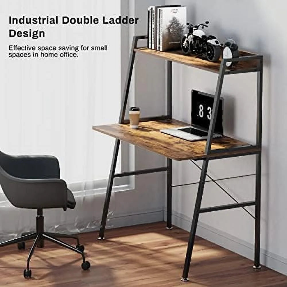 Rustic Brown 43 Inch 2-Tier Computer Desk with Shelves Metal Frame G42234