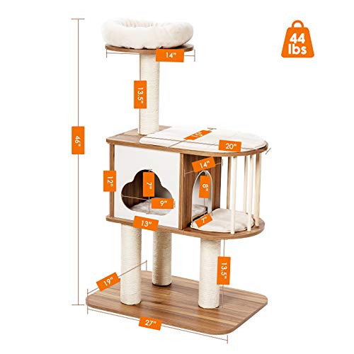 Light Grey Wood Cat Tree with Scratching Posts and Washable Cushions G14217