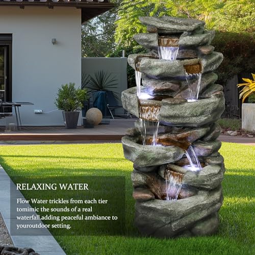 40" High 6-Tiers Cascading Rock Outdoor Water Fountain with LED Lights J214