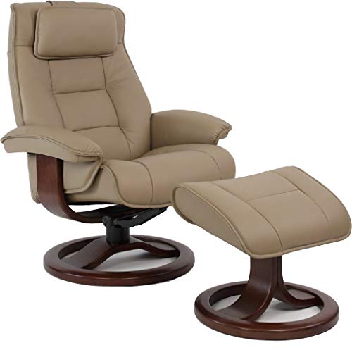 Large Ergonomic Recliner Chair with Ottoman in Stone Leather with Teak Wood Base X955