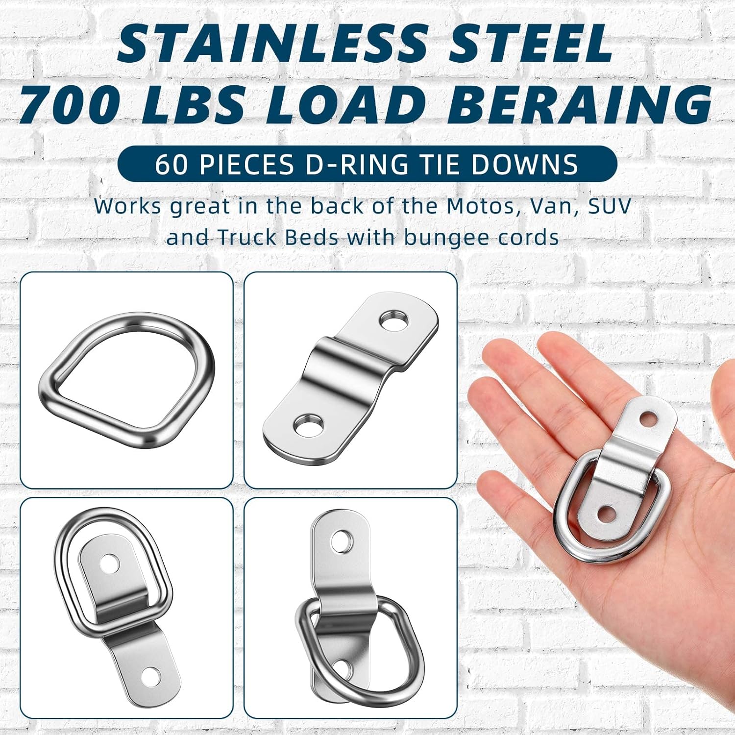 60 Pcs 1/4 Inch Heavy Duty Stainless Steel D Rings P210643