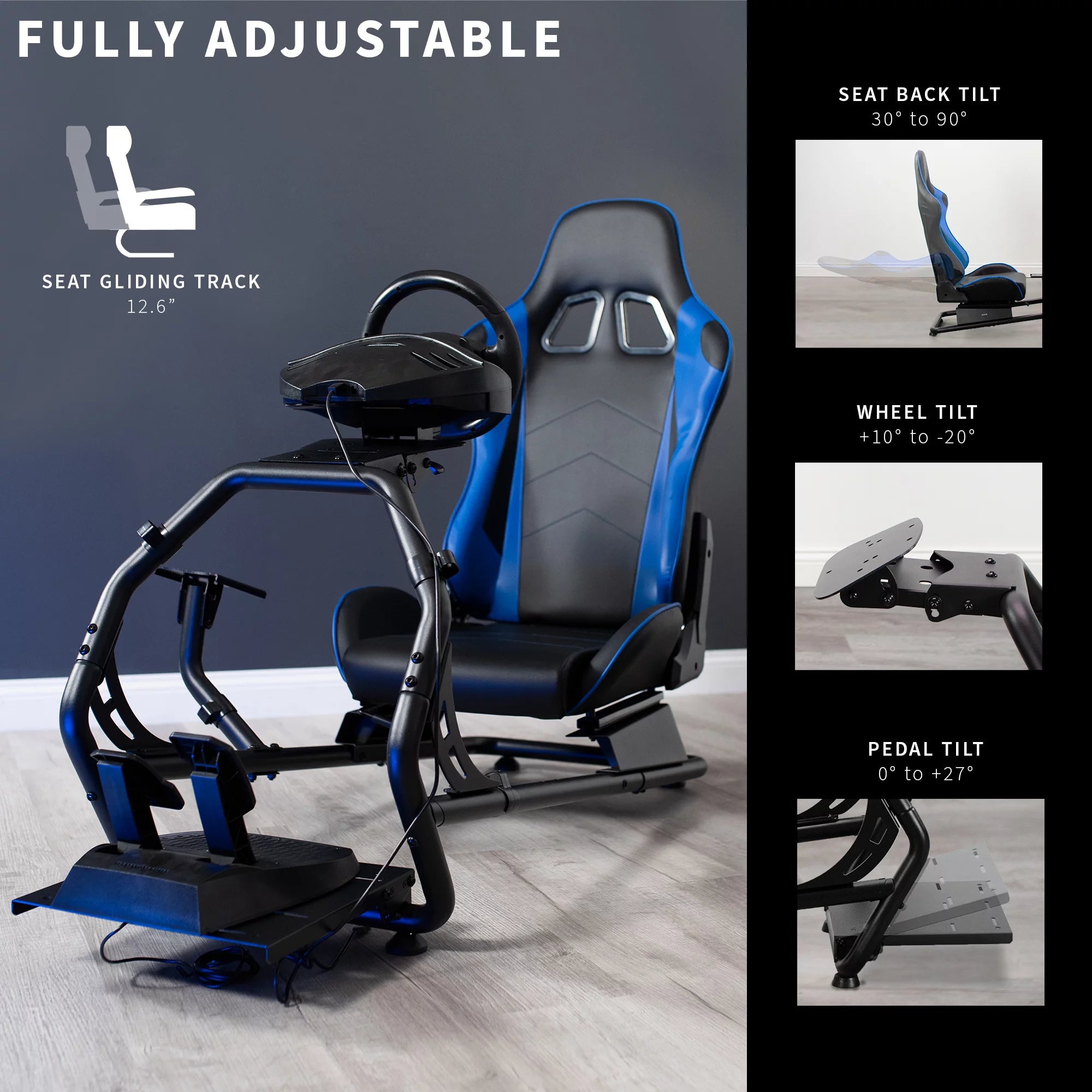 Black Racing Simulator Cockpit with Wheel Stand and Reclining Seat B795