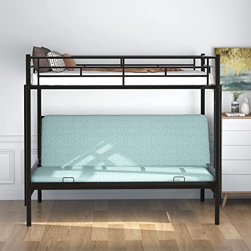 Black Metal Twin over Futon Bunk Bed with Guardrails and 2 Ladders F627