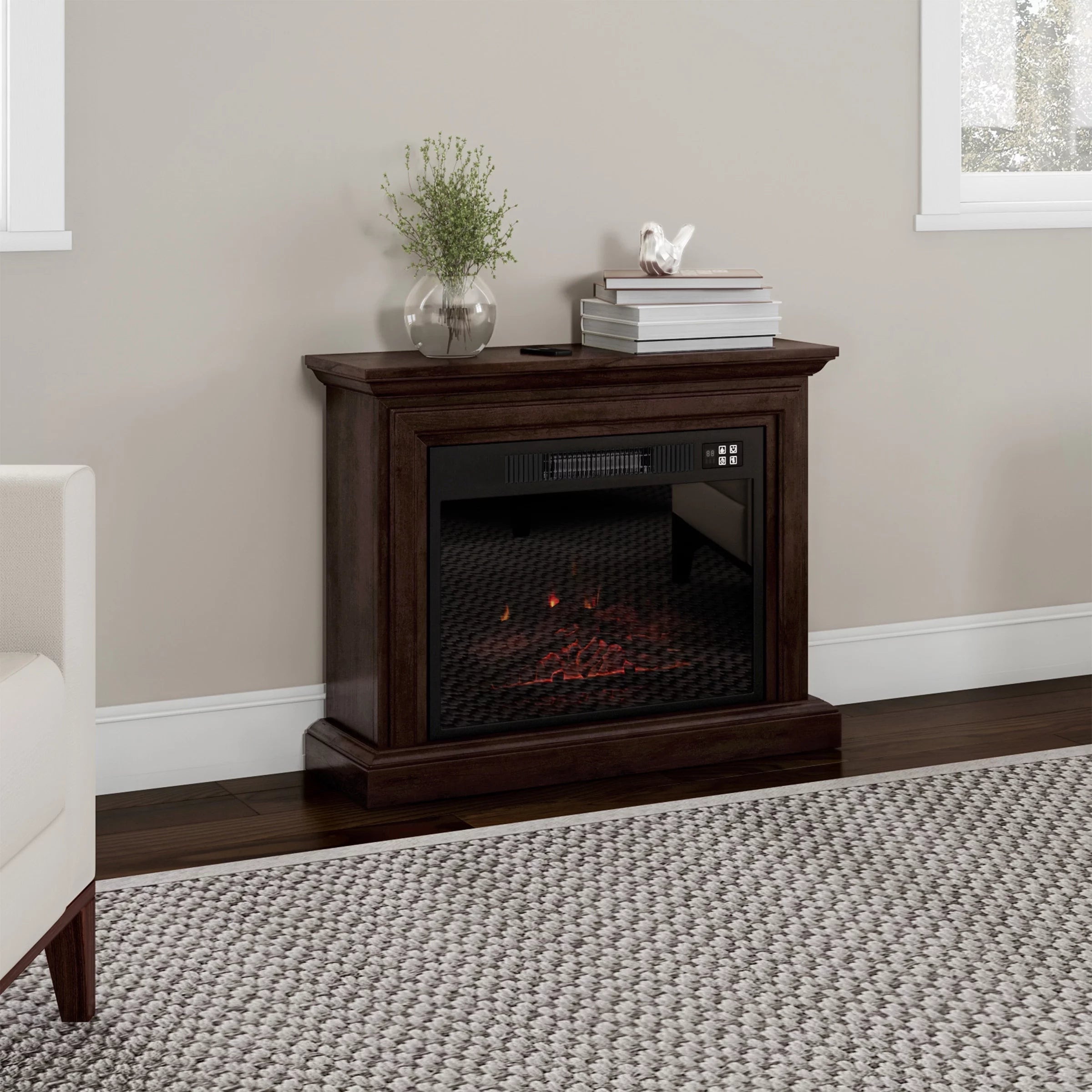Brown Mobile Electric Fireplace with Mantel and Remote Control E593847