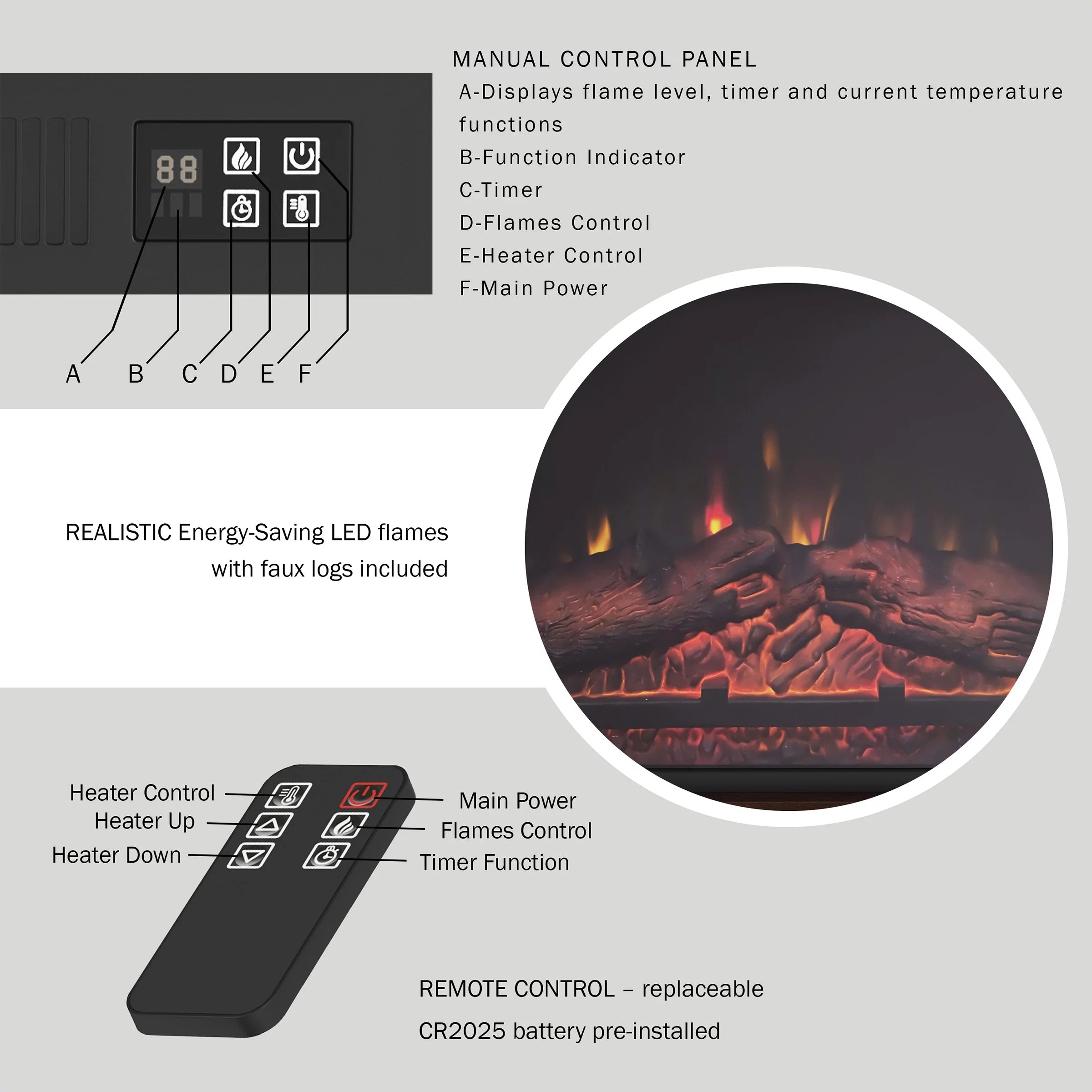 Brown Mobile Electric Fireplace with Mantel and Remote Control E593847