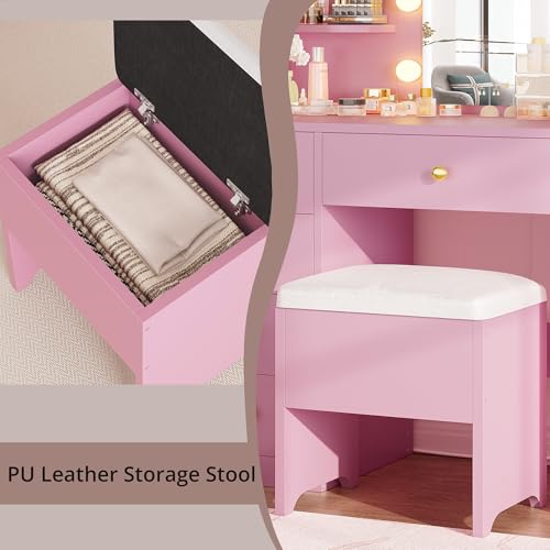White Vanity Desk with Mirror and Lights, 5 Drawers, and Stool K800961