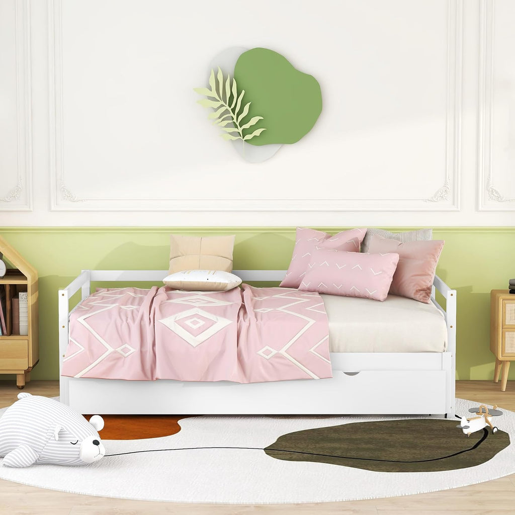 White Wood Twin to Double Extendable Daybed with Pull Out Trundle U47107