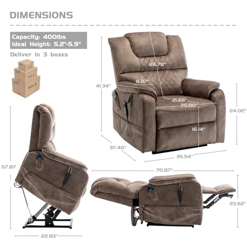 Brown Velvet Oversized Power Lift Recliner Chair with Massage Heat L209