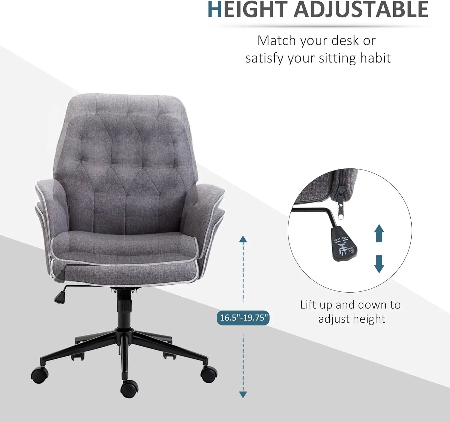 Dark Gray Linen Office Chair with Swivel Wheels D658