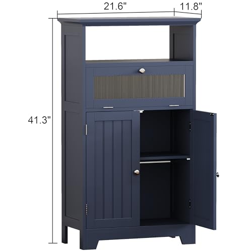 Navy Blue Bathroom Floor Storage Cabinet with Flip Glass Drawer P473302