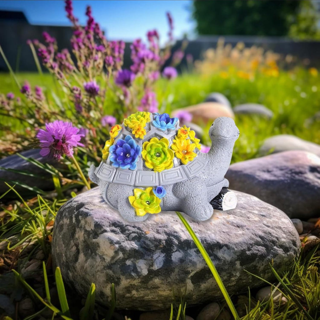 Turtle Garden Statue with 7 LED Succulent Lights, Resin Turtle Garden Decor Y11596