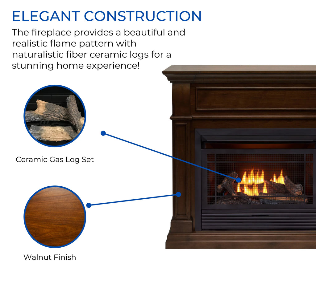 Dual Fuel Ventless Gas Fireplace, 26,000 BTU, Remote Control, Walnut Finish G2340