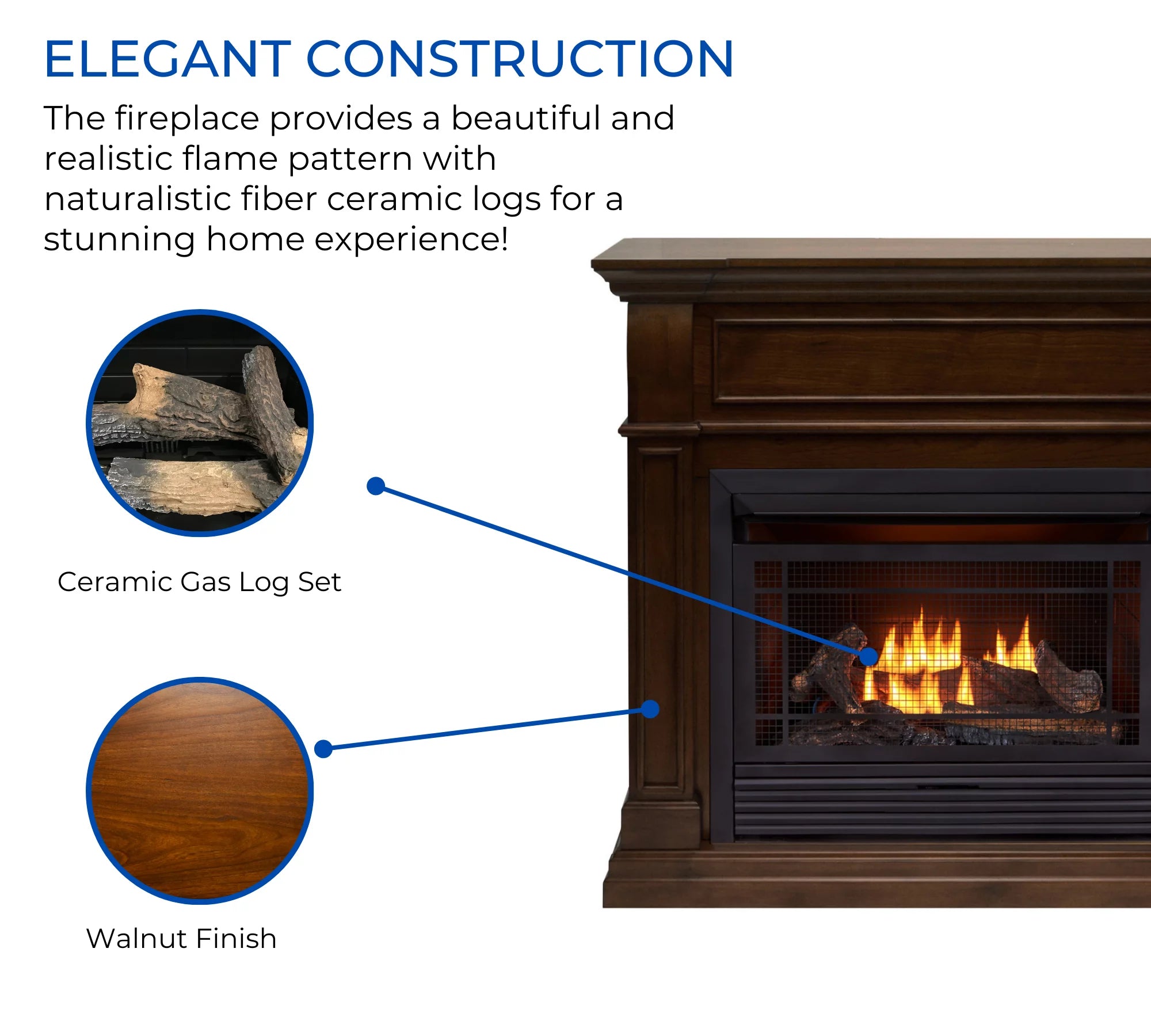 Dual Fuel Ventless Gas Fireplace, 26,000 BTU, Remote Control, Walnut Finish G2340