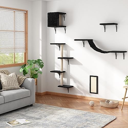 Beige 5 Pcs Wall-Mounted Cat Climber Set with Cat Shelves, Ladder, Cat Condo House, Scratching Board and Cat Tree V923706