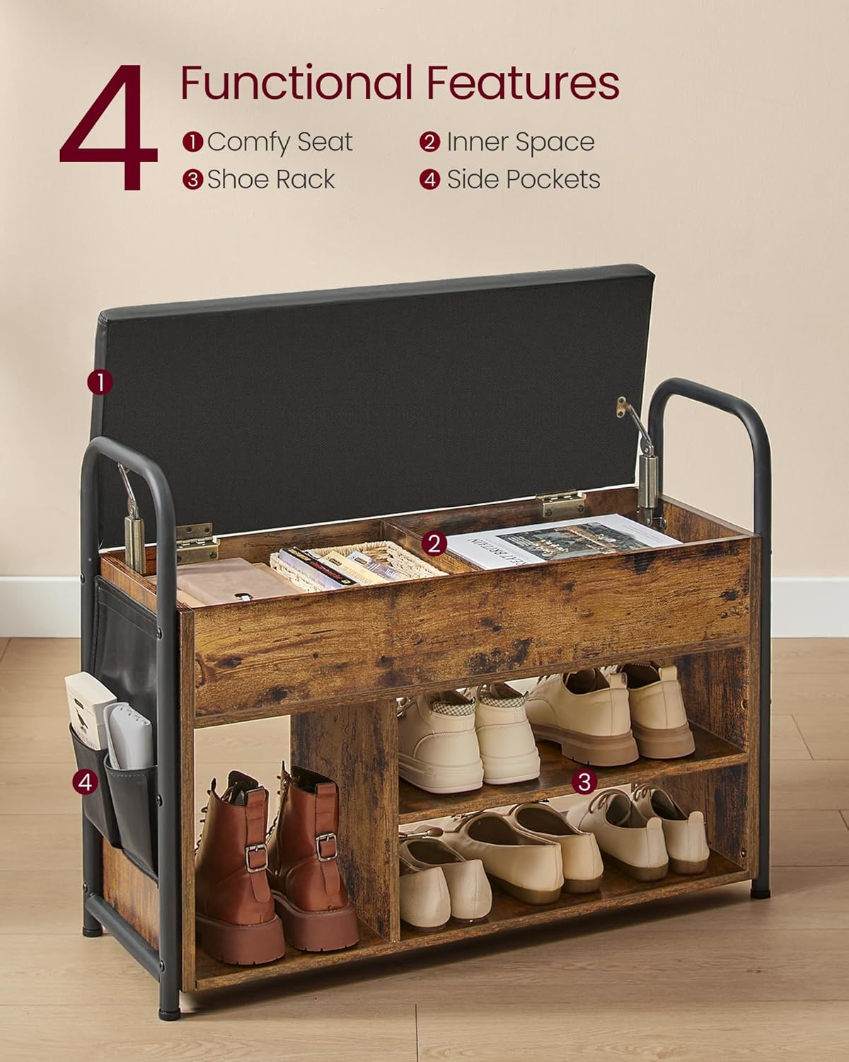 Rustic Brown and Ink Black Shoe Bench with Storage B229