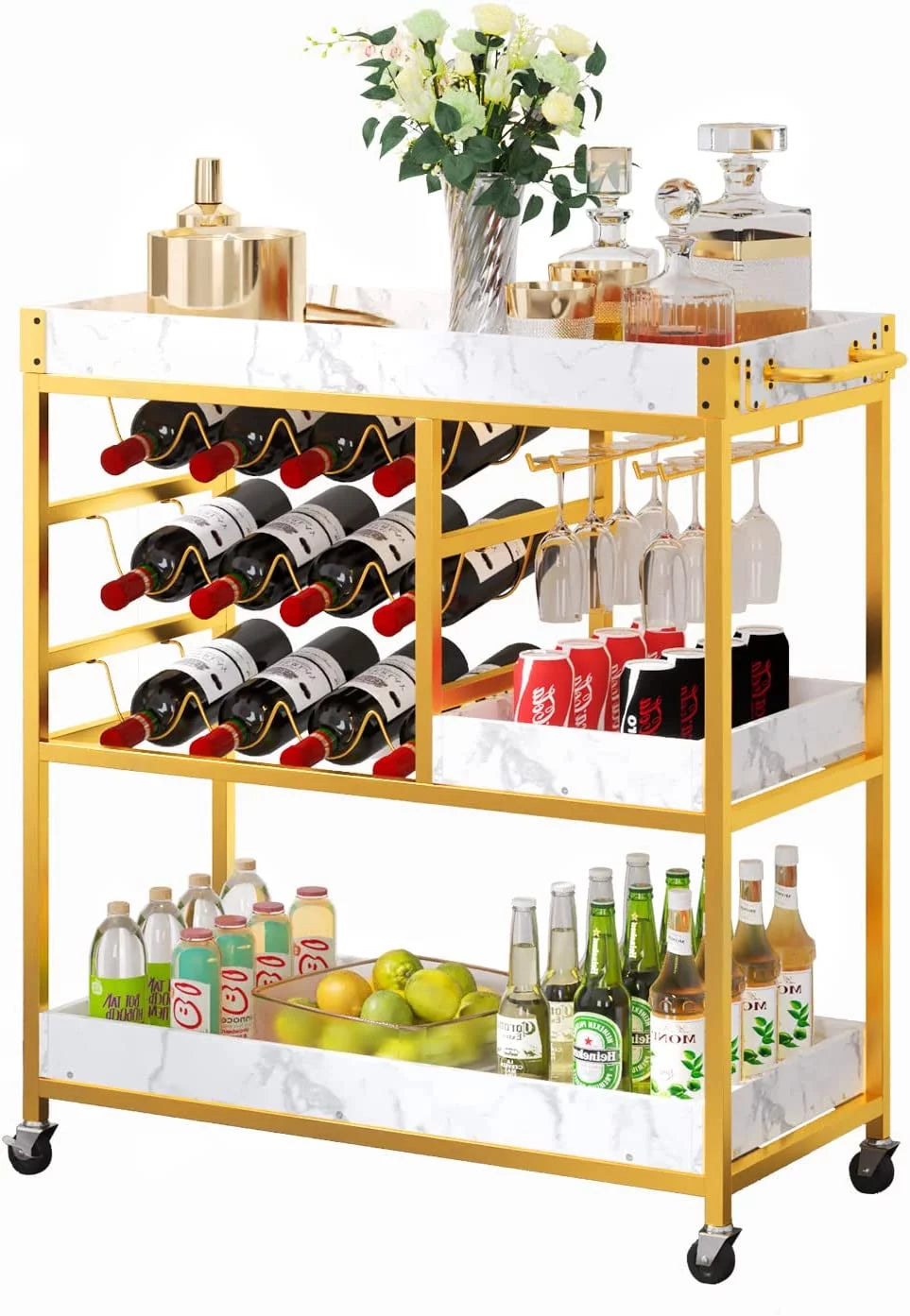 Gold Bar Cart with 12 Bottle Wine Rack T930712