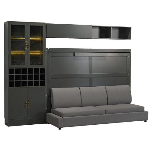 Queen Murphy Bed with Couch and Storage Shelves, Charging Station, LED Light, Wood Foldable Wall Bed Cabinet with Sofa and Storage Cabinet, Bookcase, Wine Rack (White) J945738