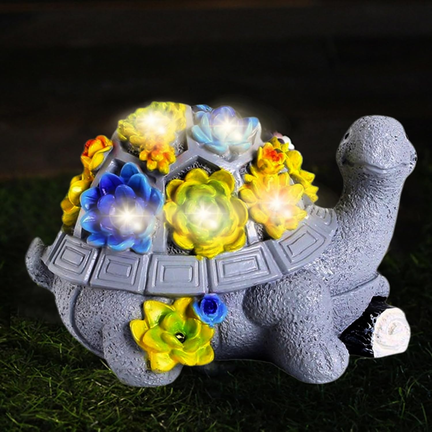 Turtle Garden Statue with 7 LED Succulent Lights, Resin Turtle Garden Decor Y11596