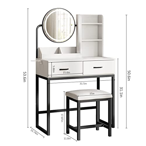 White Vanity Desk with Round Mirror and Lights, Brown and Black, 15.75 * 31.5 * 53.6in C754714