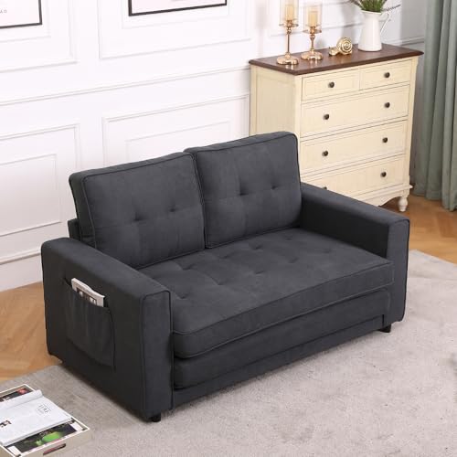 Dark Grey 3 in 1 Upholstered Convertible Futon Sofa Bed with Side Pockets N93747