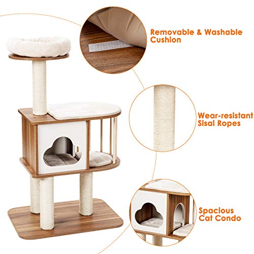 Light Grey Wood Cat Tree with Scratching Posts and Washable Cushions G14217