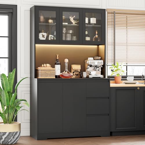 Black 71" Kitchen Pantry Cabinet with LED Lights and Charging Station Z286