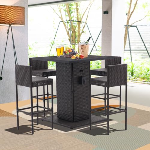 5-Piece Outdoor Wicker Bar Set with 4 Stools (Grey) Y697