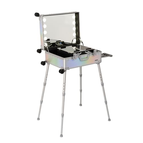 Silver Stripe Aluminum Rolling Makeup Train Case with Lighted Mirror X88533