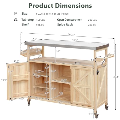 White Farmhouse Kitchen Island with Power Outlet, Drop Leaf, Spice Rack, Drawer, Rolling Cart on Wheels O444