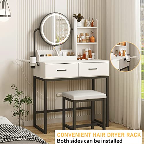 White Vanity Desk with Round Mirror and Lights, Brown and Black, 15.75 * 31.5 * 53.6in C754714