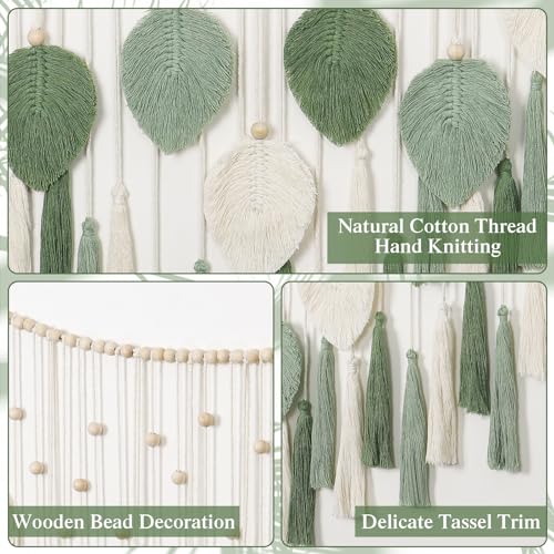 Large Macrame Wall Hanging Beige Green Feather Tapestry Wall Art Wooden Beads Handmade Woven Leaf Tassels Wall Decor O1138