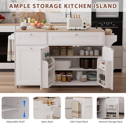 Kitchen Island on Wheels with Storage, Drop Leaf, Power Outlet, Trash Can Storage, Spice Rack, Towel Rack, Drawers L944