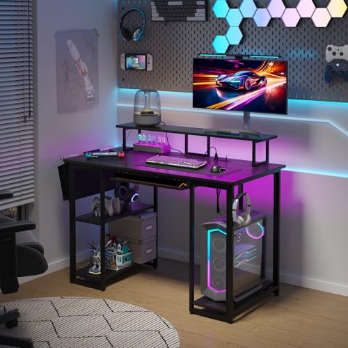 Brown Gaming Desk with LED Lights and Power Outlets Y665