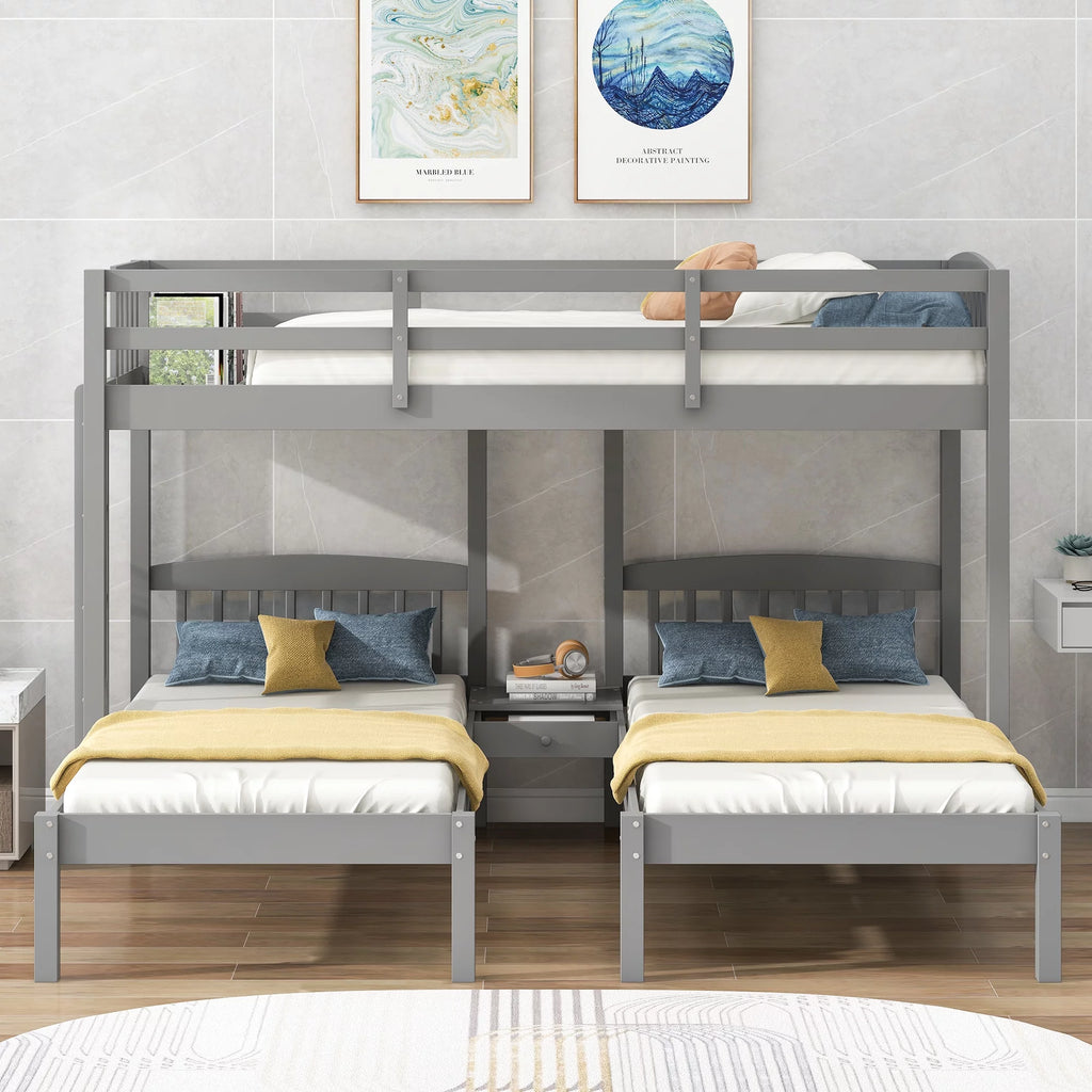 Triple Twin Solid Wood Bunk Beds with Guardrail and Ladder and Built-in Middle Drawer Q532097