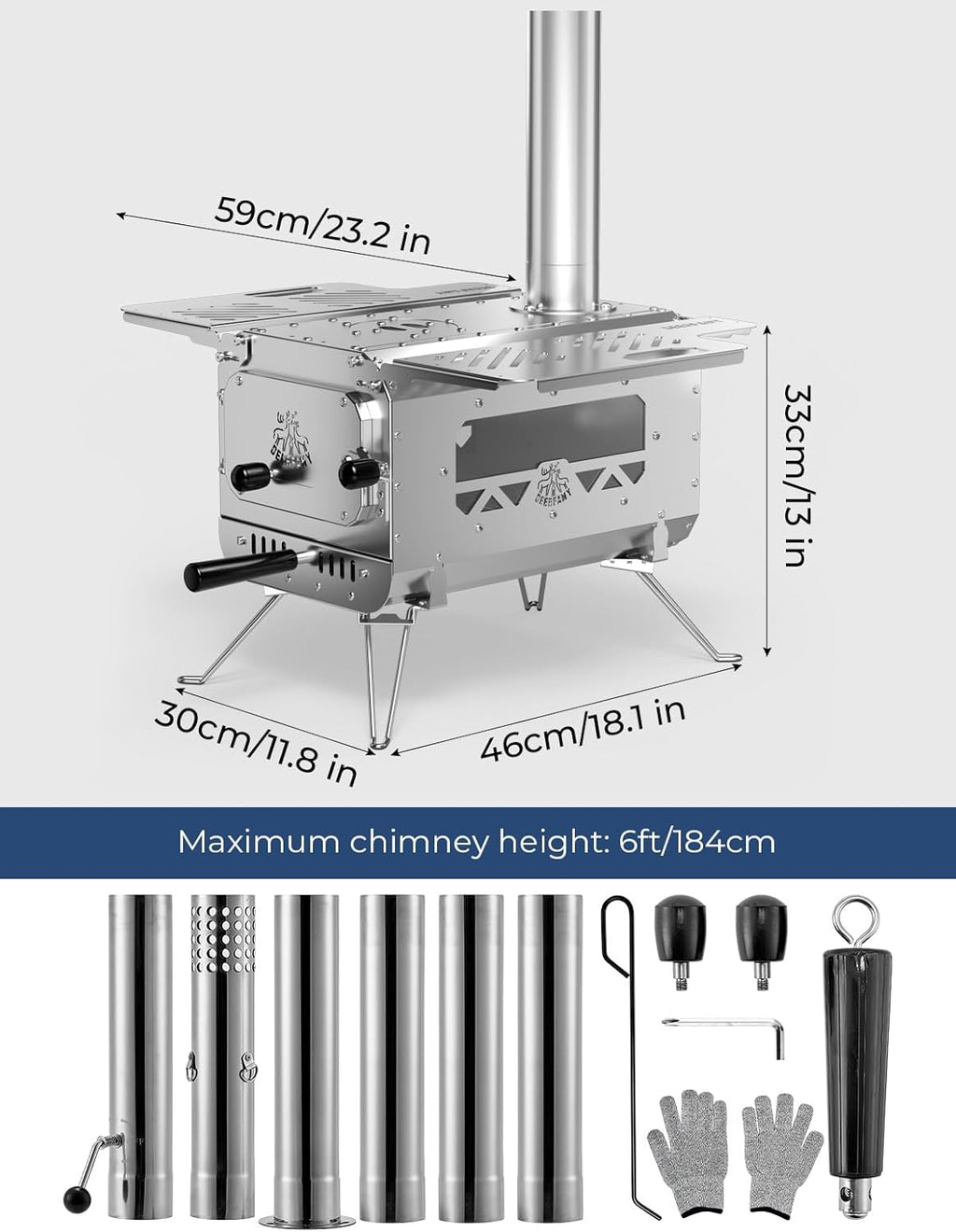 Portable Stainless Steel Tent Stove with 6 Chimney Pipes X1179