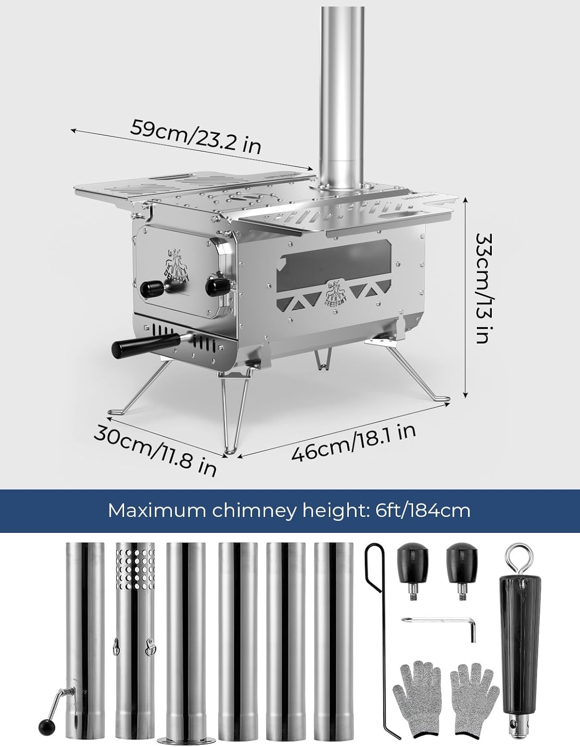Portable Stainless Steel Tent Stove with 6 Chimney Pipes X1179