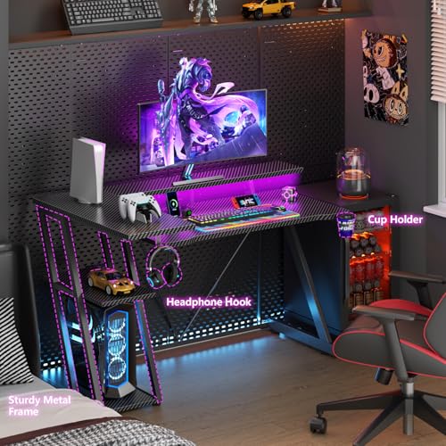 55 Inch L Shaped Gaming Desk with Power Outlet, LED Lights, Storage Shelves, Carbon Fiber Black X715197