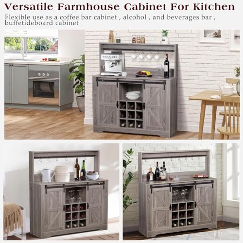Grey Coffee Bar Cabinet with Sliding Barn Door and Adjustable Shelves M328