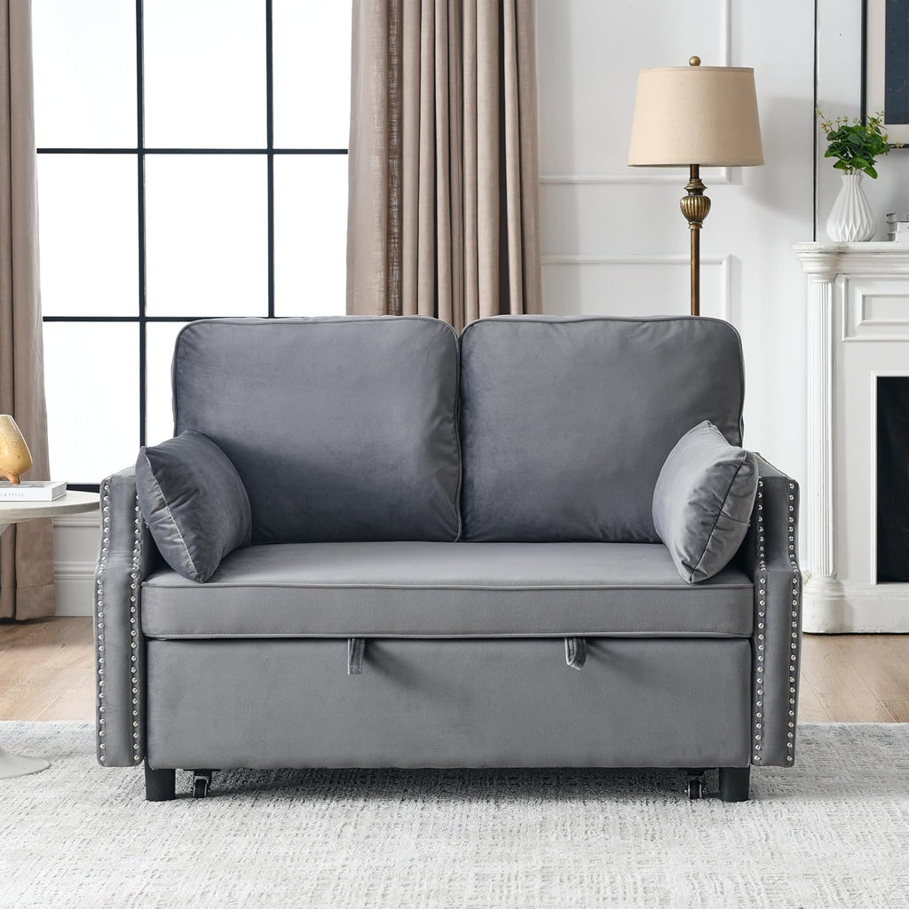 Grey Velvet Upholstered Recliner Bed with Pull-Out Sleeper Sofa Folding Loveseat N535
