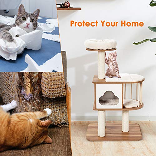 Light Grey Wood Cat Tree with Scratching Posts and Washable Cushions G14217