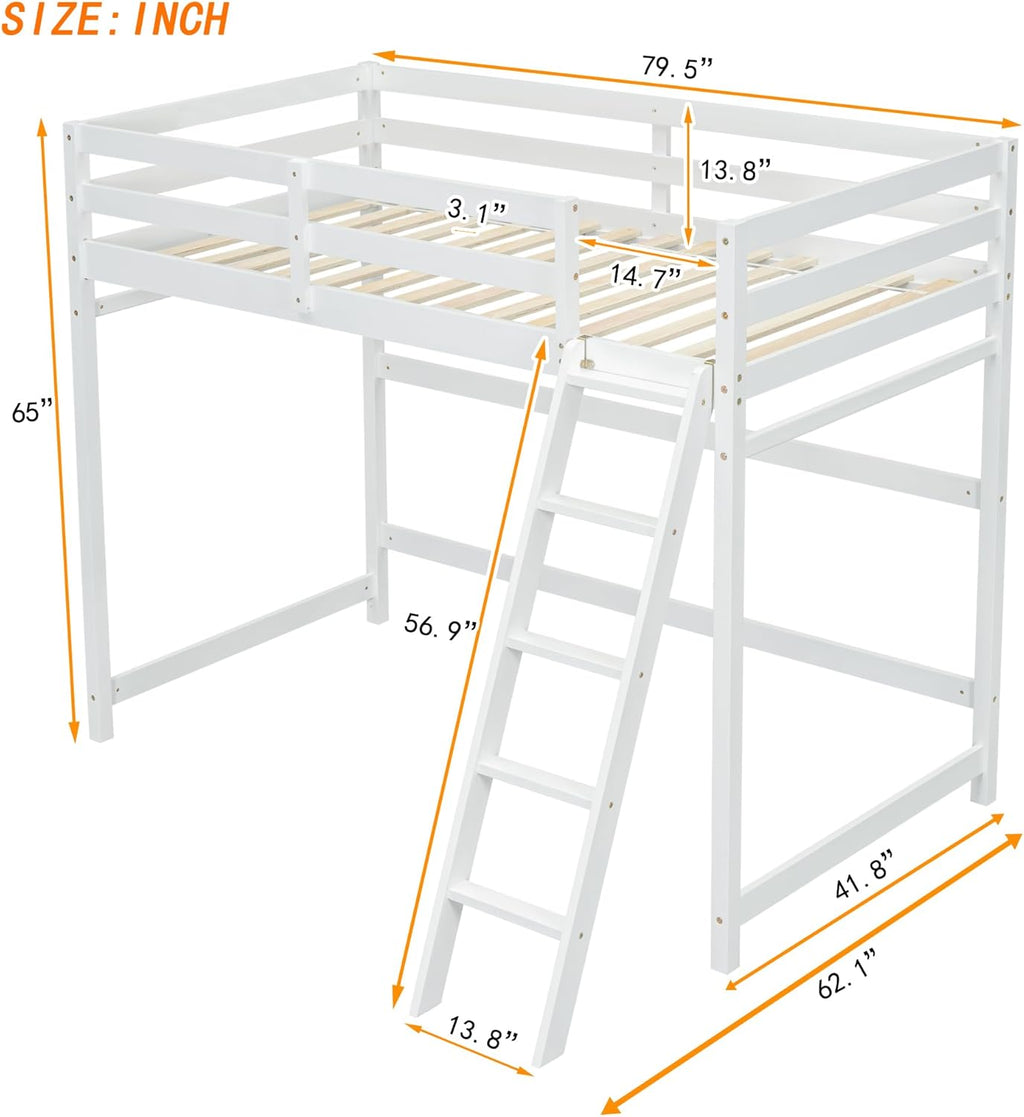 White Twin Size Wooden Loft Bed with Ladder and Guardrail U9906