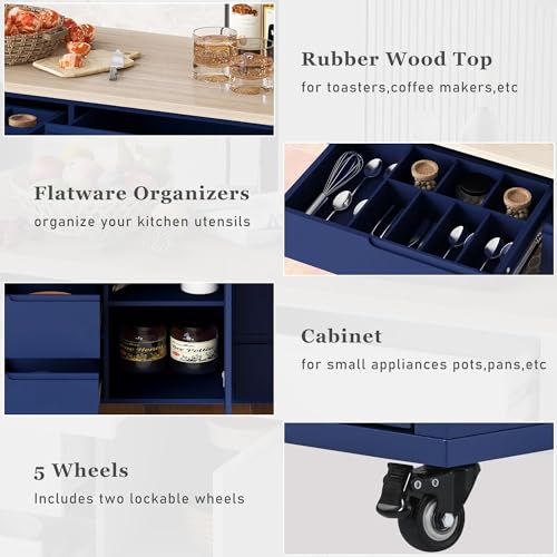 Farmhouse Kitchen Island with Power Outlet, Rolling Cart with Drop Leaf, Storage Cabinet Table on Wheels with Spice Rack and Drawer A485