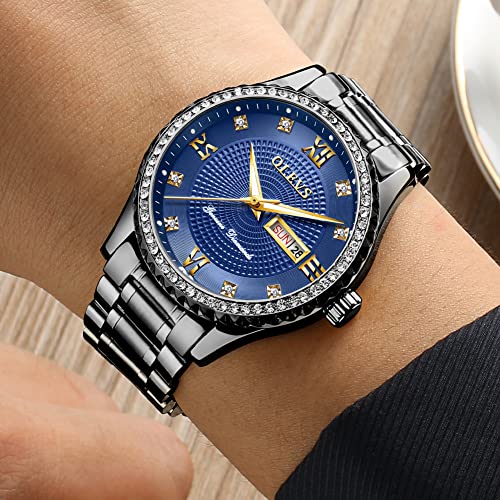 Golden Big Dial Quartz Analog Watch with Day Date Calendar and Stainless Steel Band F789398